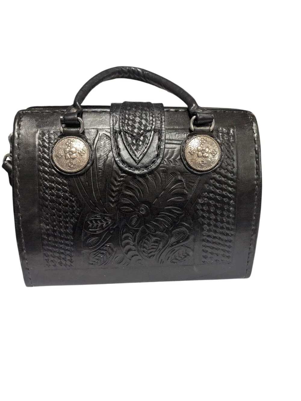 American West Black Western-Style Tooled Leather Satchel